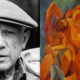 Side-by-side image: left a grayscale portrait of an older man wearing a flat cap; right an orange cubist painting of abstract seated figures.
