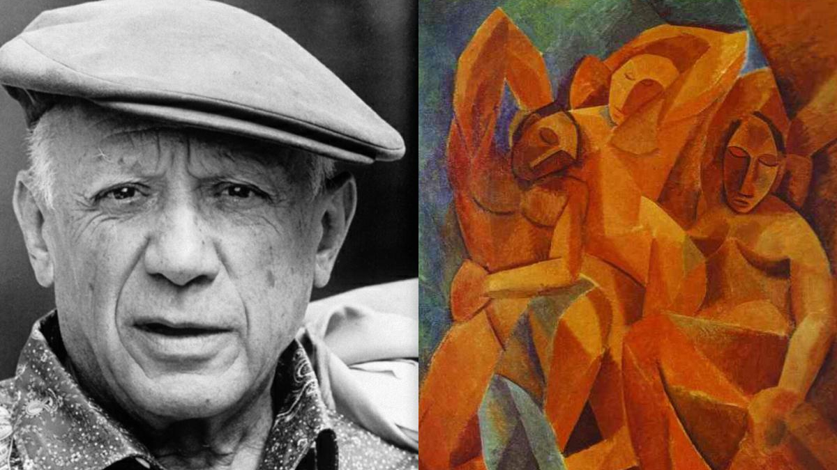 Side-by-side image: left a grayscale portrait of an older man wearing a flat cap; right an orange cubist painting of abstract seated figures.