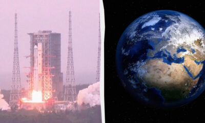 Split image: rocket lifting off on the left and Earth from space on the right.