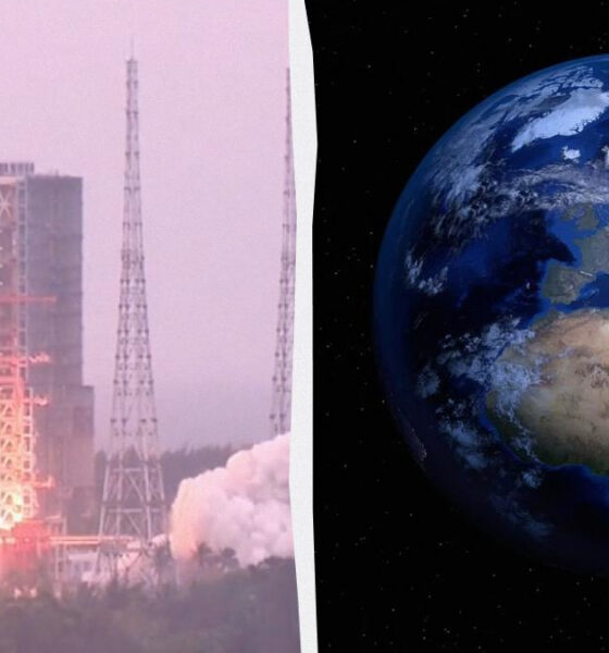 Split image: rocket lifting off on the left and Earth from space on the right.