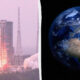 Split image: rocket lifting off on the left and Earth from space on the right.