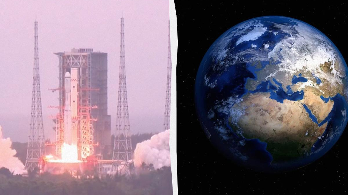 Split image: rocket lifting off on the left and Earth from space on the right.