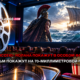 Cinema poster-style scene: helmeted warrior facing a sailing ship on rough seas, with a large film reel in the foreground and a bold Nolan's Odyssey 70mm headline in Russian.