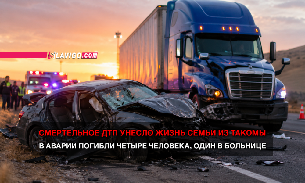 СМЕРТЕЛЬНОЕ ДТП УНЕСЛО ЖИЗНЬ СЕМЬИ ИЗ ТАКОМОЙ. В АВАРИИ ПОГИБЛИ ЧЕТЫРЕ ЧЕЛОВЕКА, ОДИН В БОЛЬНИЦЕ. На снимке разбитый автомобиль на трассе, грузовик и машины скорой помощи на фоне заката.