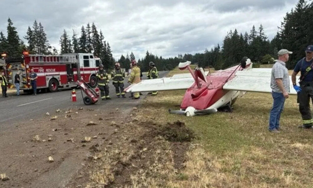 Downed red-and-white small airplane on a grassy roadside with firefighters and a fire truck nearby, debris on the road edge.