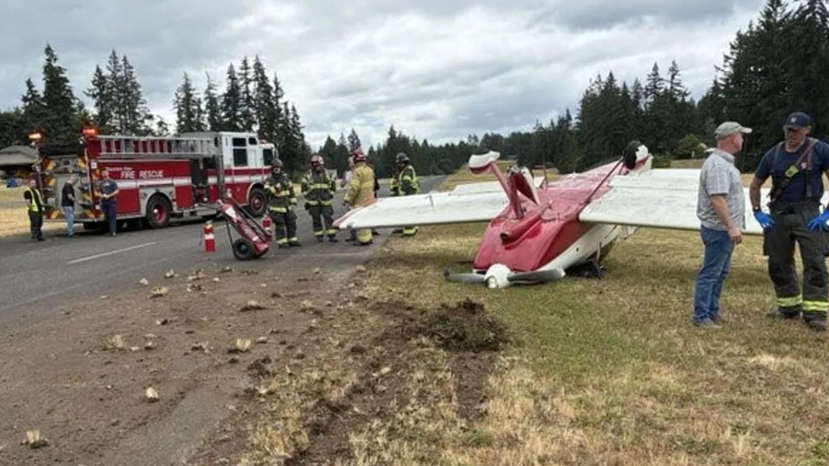 Downed red-and-white small airplane on a grassy roadside with firefighters and a fire truck nearby, debris on the road edge.