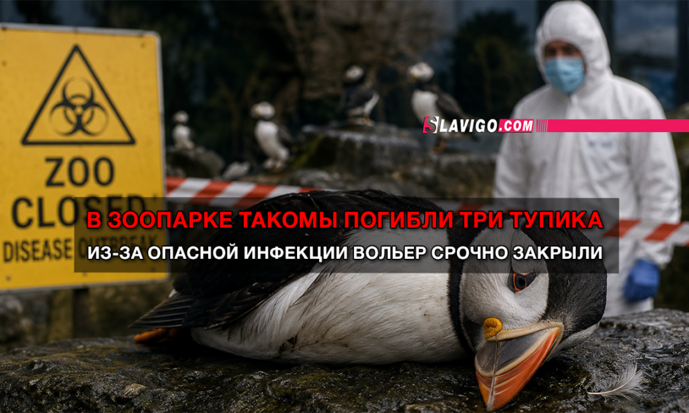 Dead penguin on rocks with a PPE-clad worker and a biohazard sign in the background; news banner references zoo penguin deaths.