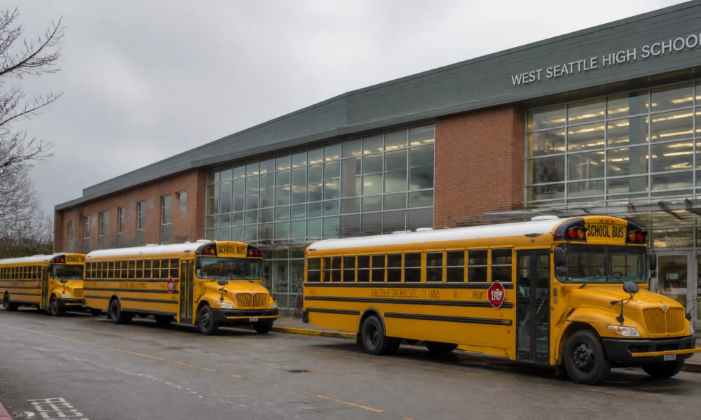 Three yellow school buses parked in front of West Seattle High School with a glass-front entrance and brick facade.