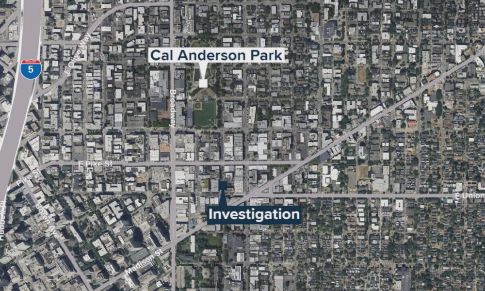 Satellite map highlighting Cal Anderson Park and an investigation site in a downtown area, with Pike St, Union St, and I-5 visible to the west.