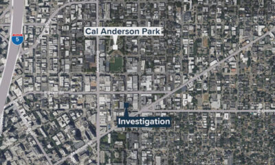 Satellite map highlighting Cal Anderson Park and an investigation site in a downtown area, with Pike St, Union St, and I-5 visible to the west.