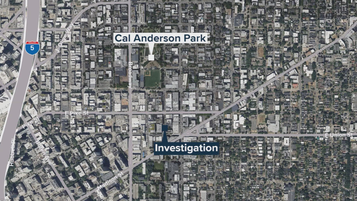 Satellite map highlighting Cal Anderson Park and an investigation site in a downtown area, with Pike St, Union St, and I-5 visible to the west.