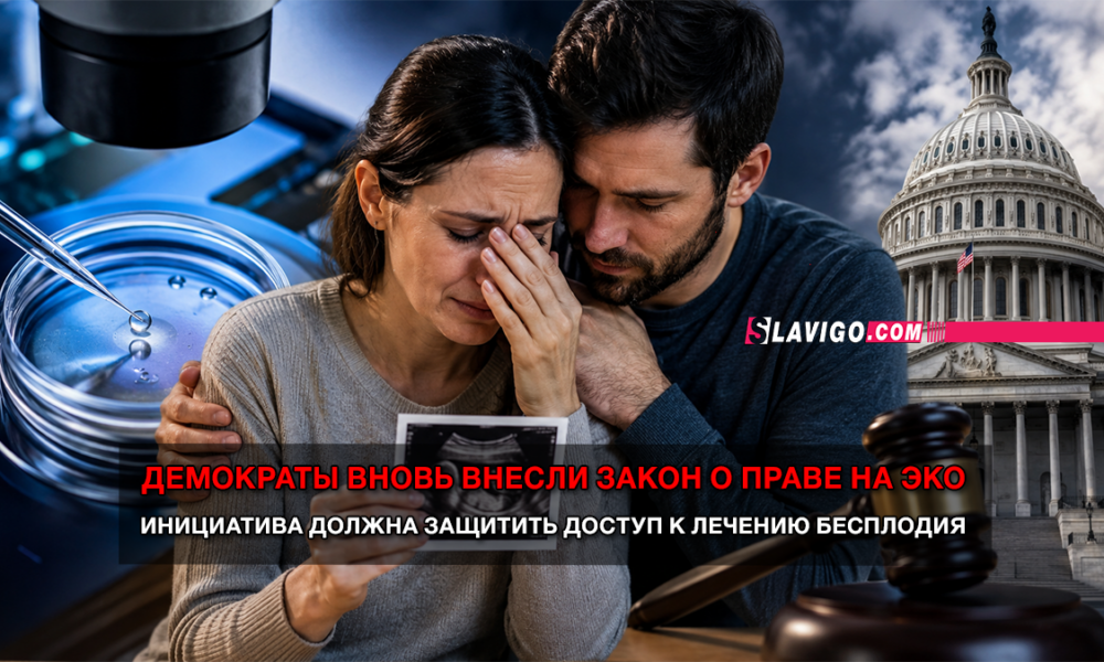 Distressed woman and man embrace as a political article about a proposed IVF rights law; background shows a lab with a petri dish and a gavel, plus the US Capitol and a news banner.