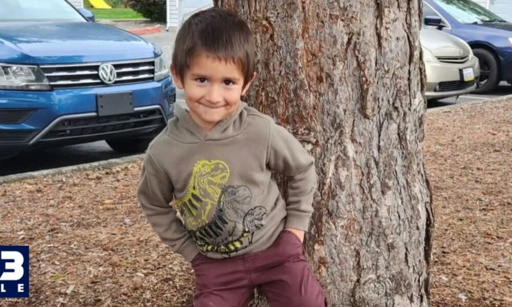 Smiling young boy in a beige dinosaur-print hoodie and maroon pants stands against a tree in a parking lot with cars behind him.