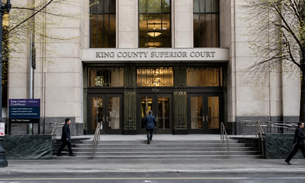 Front of King County Superior Court building with double doors, stone facade, and people walking up the steps, under a large sign.