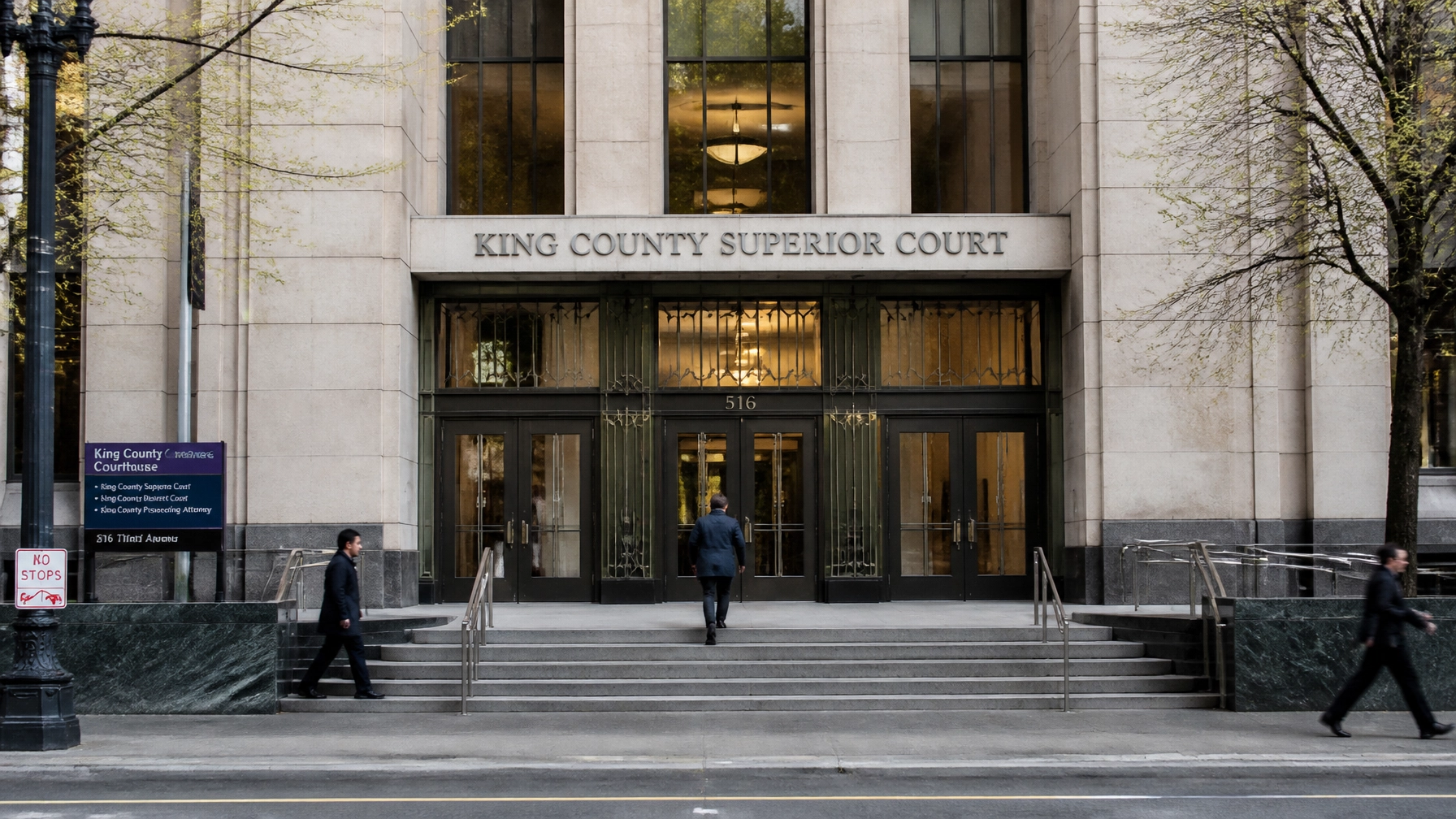 Front of King County Superior Court building with double doors, stone facade, and people walking up the steps, under a large sign.