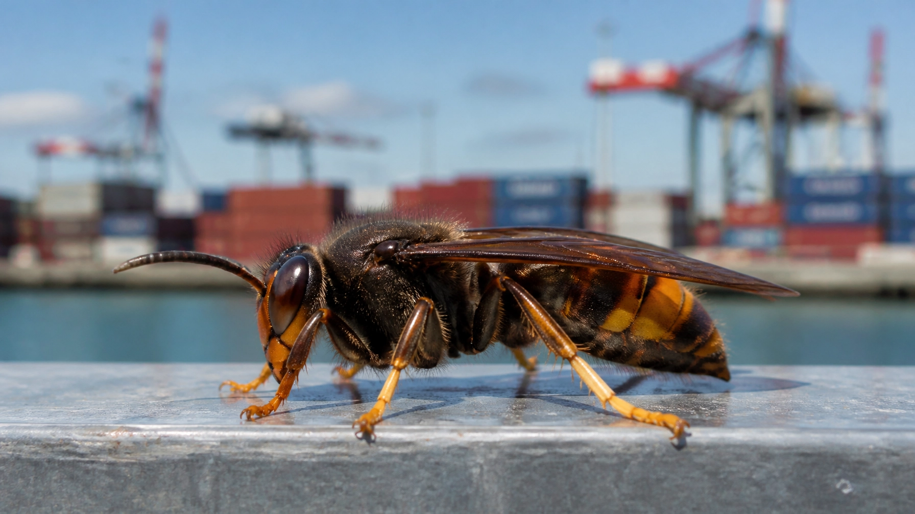 Close-up of a hornet on a metal railing with a blurred container port in the background.
