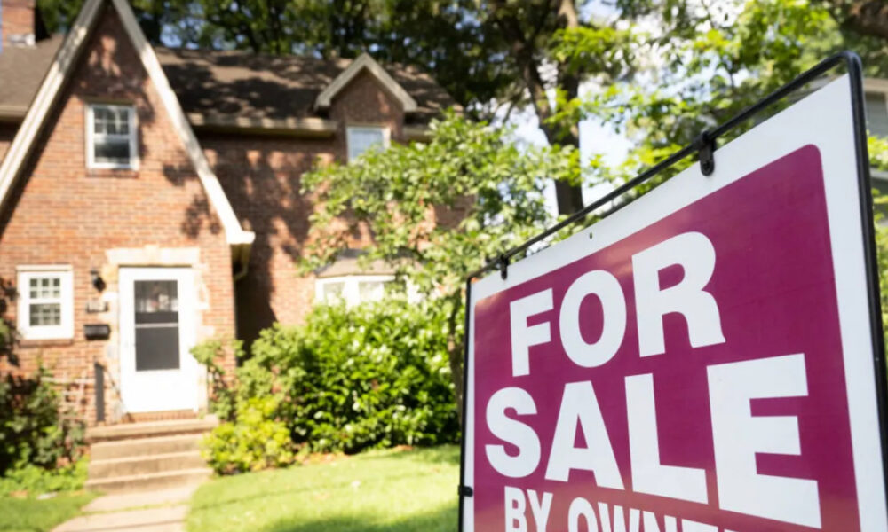 A large magenta 'FOR SALE' sign in the yard with a brick suburban house and greenery in the background.