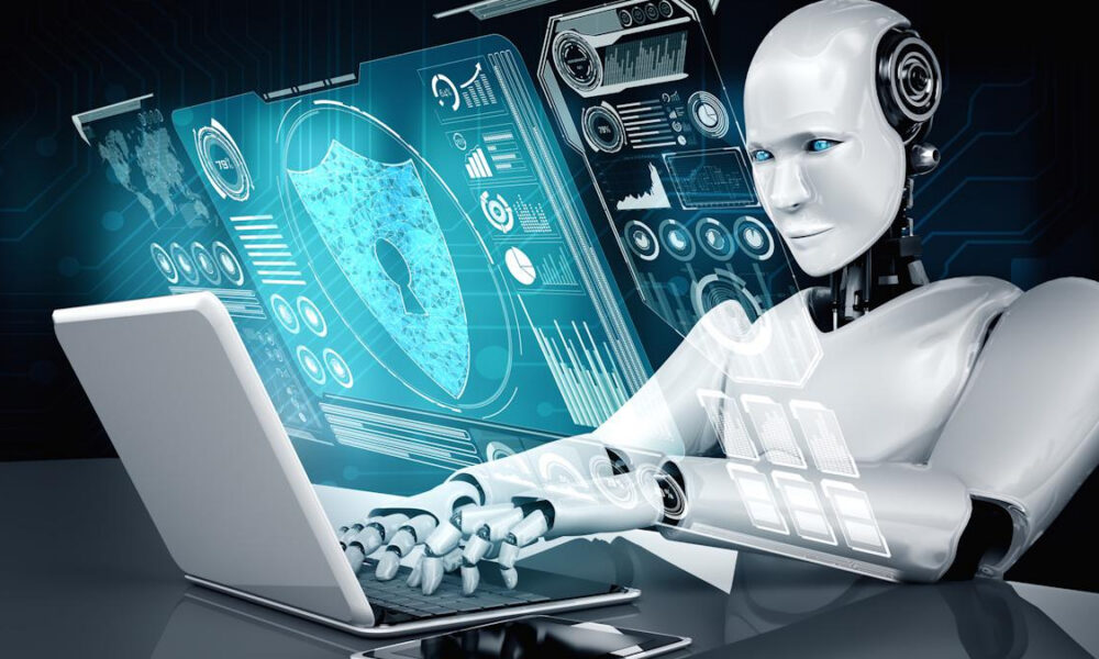 Humanoid robot typing on a laptop with glowing blue holographic security and data dashboards in front of it.