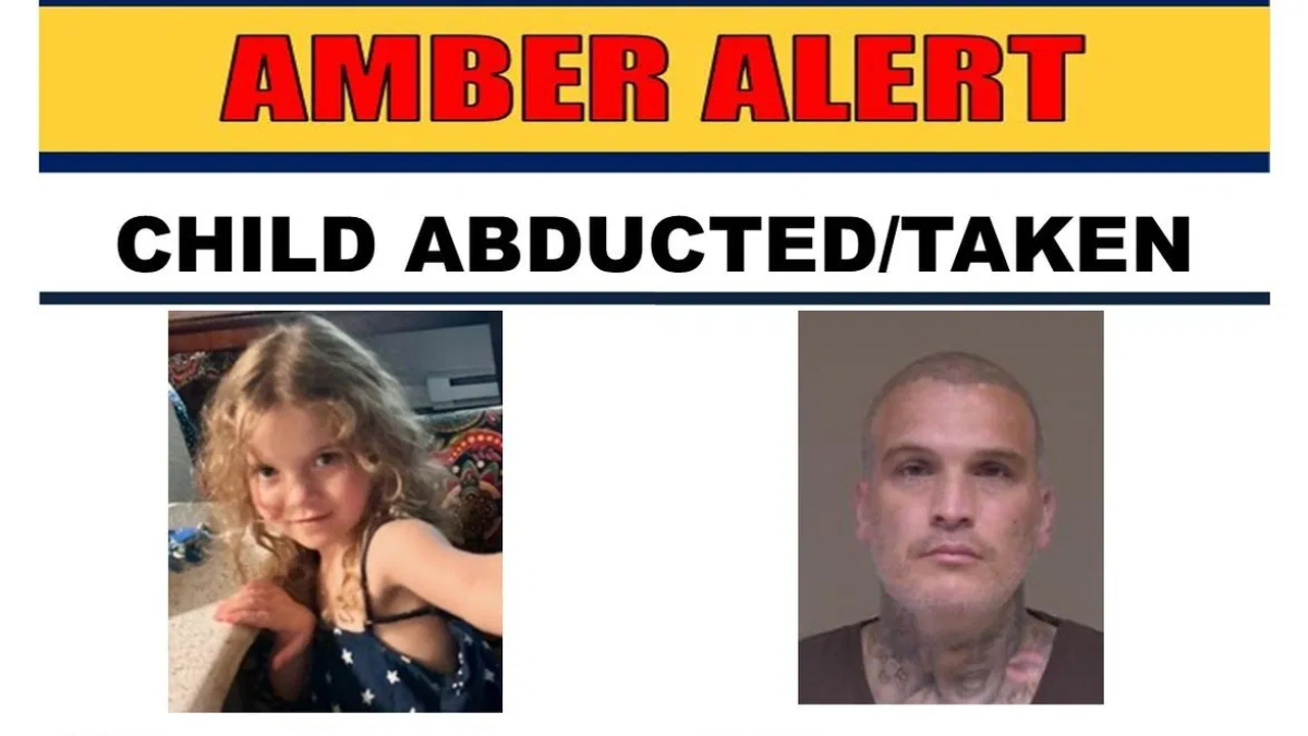Amber Alert banner reading 'CHILD ABDUCTED/TAKEN' with photos of a young girl and a tattooed man.