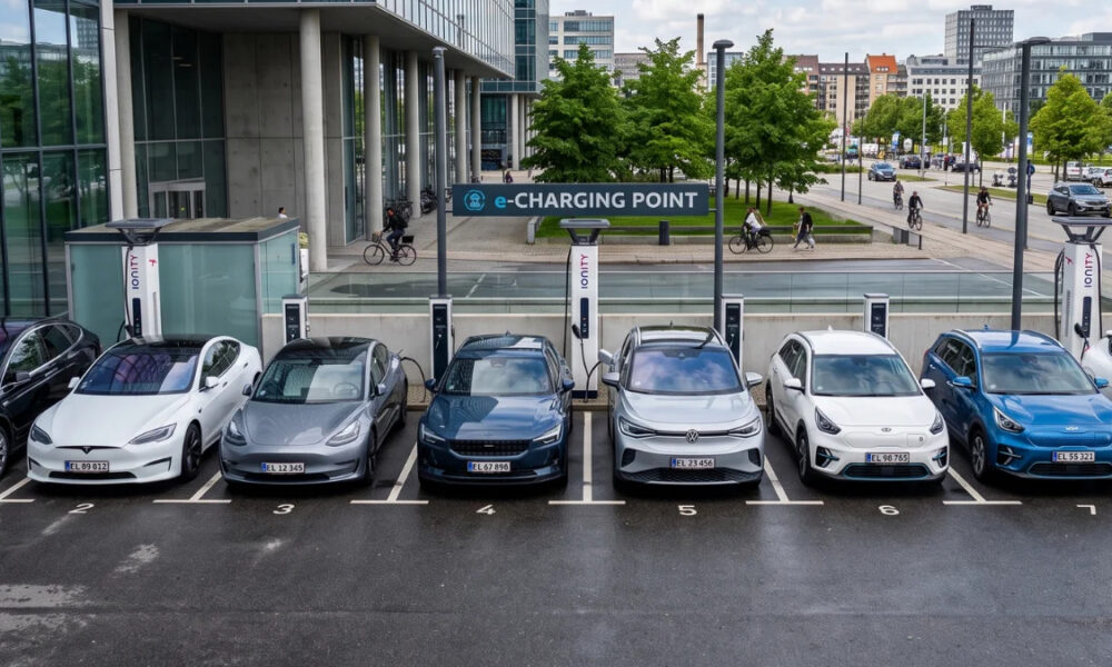 Row of electric cars parked at individual charging bays in front of a modern building at an e-charging point