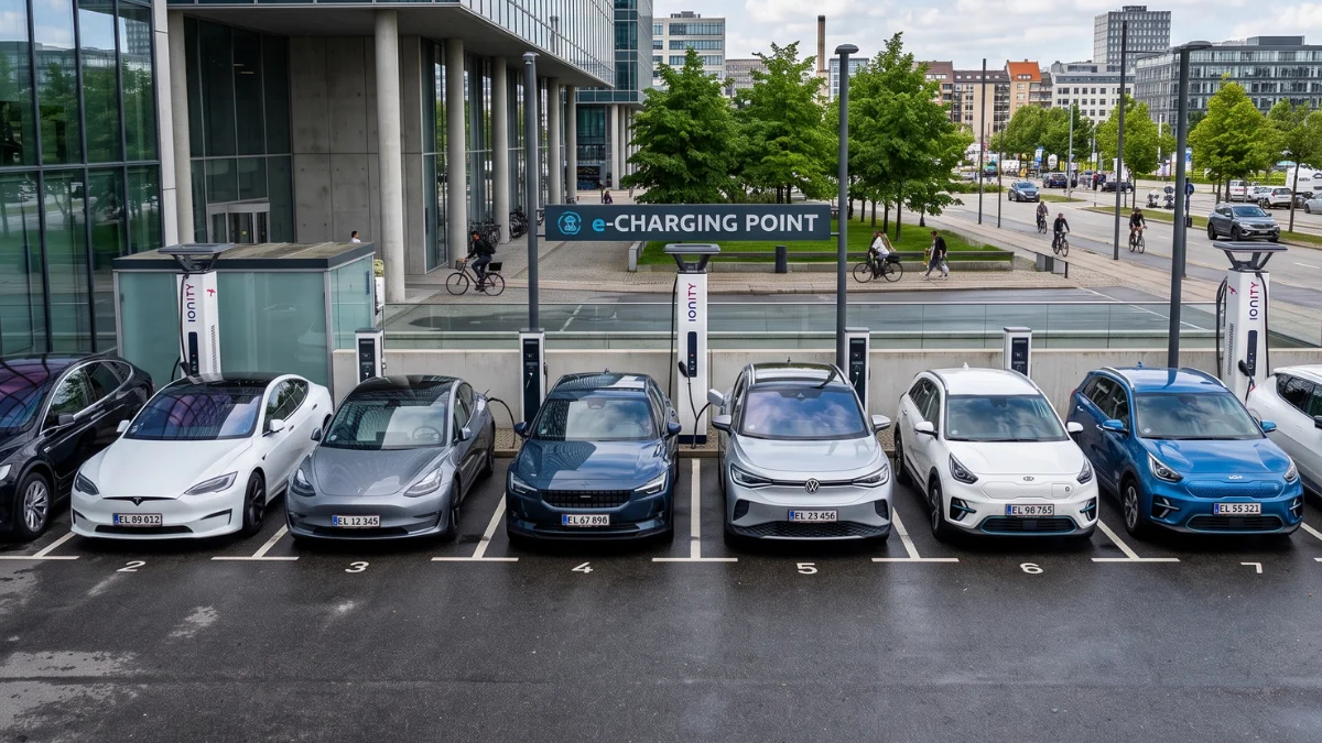 Row of electric cars parked at individual charging bays in front of a modern building at an e-charging point