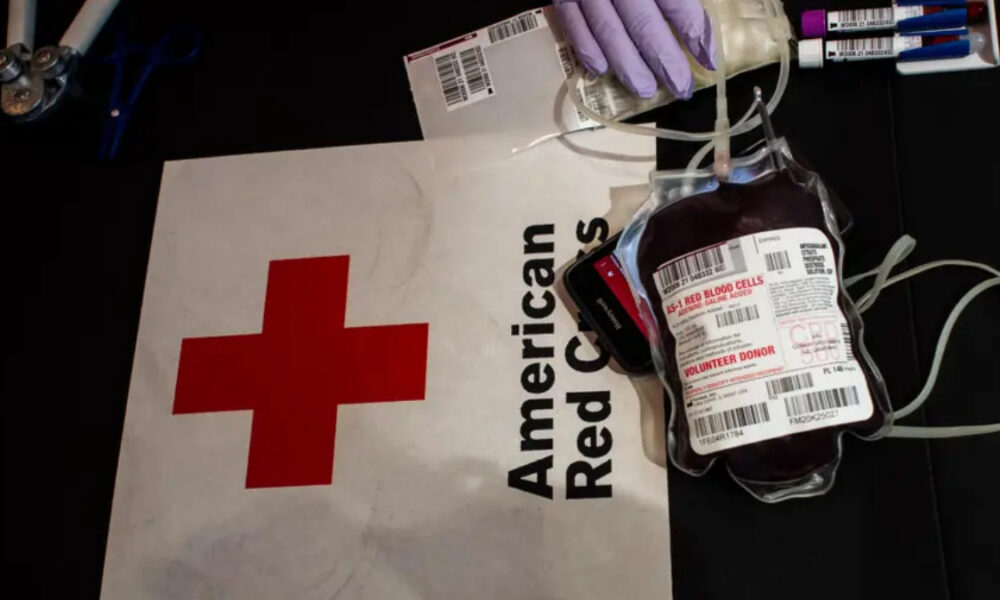 Blood donation setup: labeled blood bag with tubing on a surface beside the American Red Cross logo. Gloved hands hold the tubing nearby.