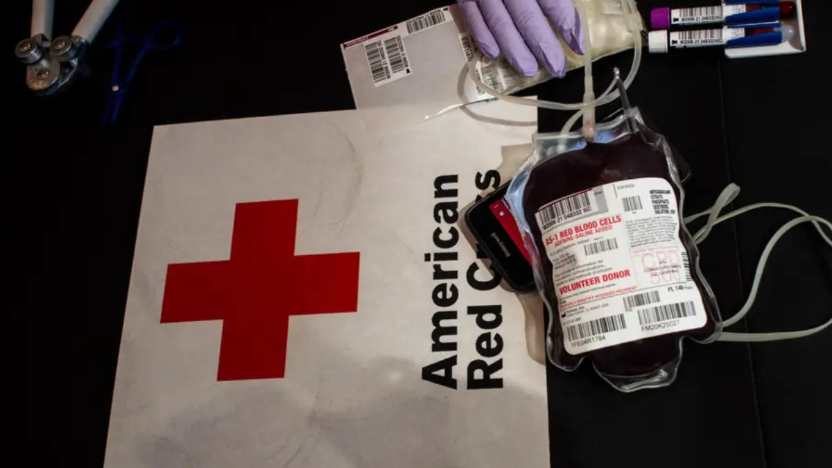 Blood donation setup: labeled blood bag with tubing on a surface beside the American Red Cross logo. Gloved hands hold the tubing nearby.