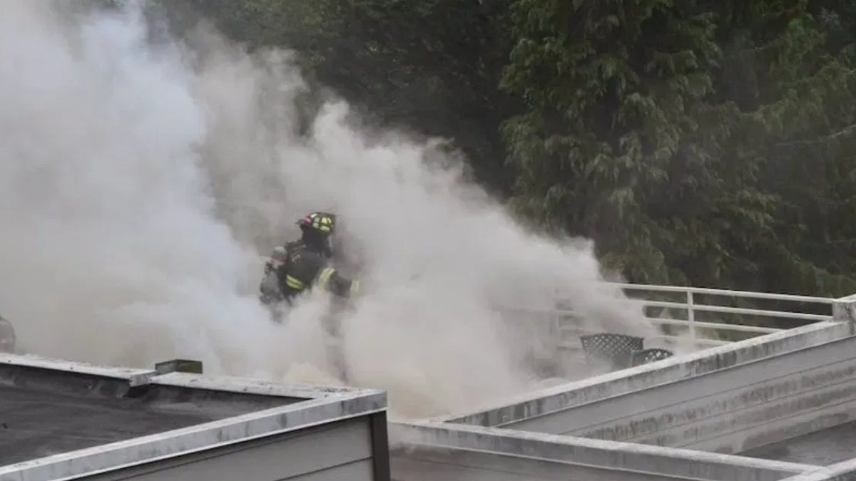 Firefighter in turnout gear on a rooftop amid thick white smoke from a fire.”, “Firefighter battles rooftop blaze, dense steam obscures view near railing.”, “Emergency responder in full gear on roof as smoke pours around.”, “Firefighter using water on a roof with heavy steam and smoke.”, “Firefighter on a flat roof with nearby trees, smoke billowing.”