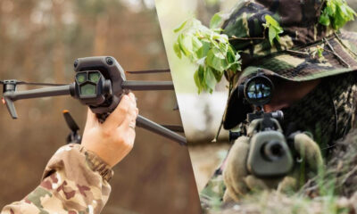 Two soldiers in camouflage outdoors: left shows a hand holding a quadcopter drone, right shows a sniper aiming through a rifle scope.