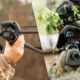 Two soldiers in camouflage outdoors: left shows a hand holding a quadcopter drone, right shows a sniper aiming through a rifle scope.