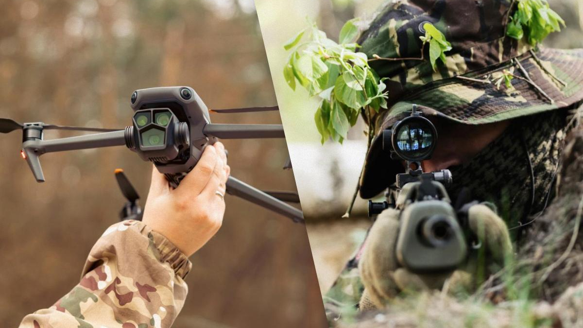 Two soldiers in camouflage outdoors: left shows a hand holding a quadcopter drone, right shows a sniper aiming through a rifle scope.