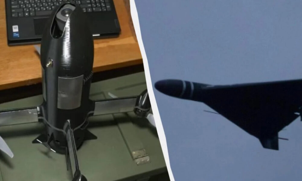 Split image: a black quadcopter drone on a desk with a laptop nearby on the left, and a dark jet aircraft flying in the sky on the right.