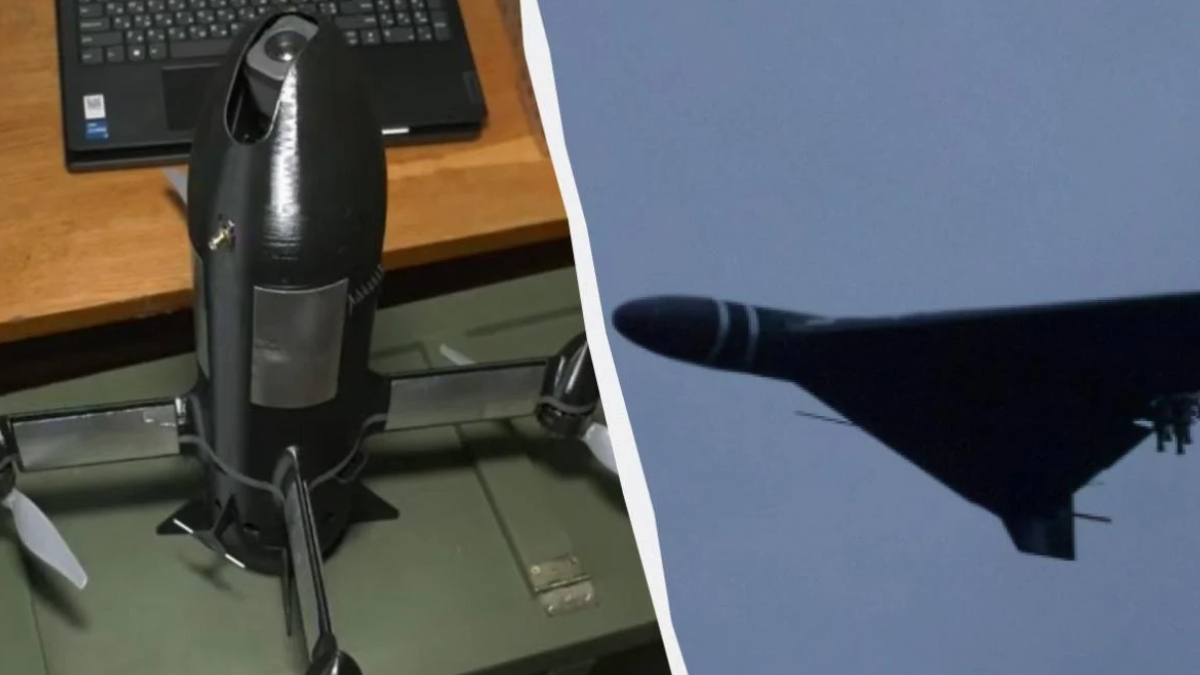 Split image: a black quadcopter drone on a desk with a laptop nearby on the left, and a dark jet aircraft flying in the sky on the right.