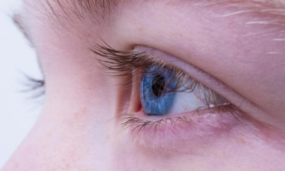 Close-up of a blue eye with long eyelashes and pale skin around it.