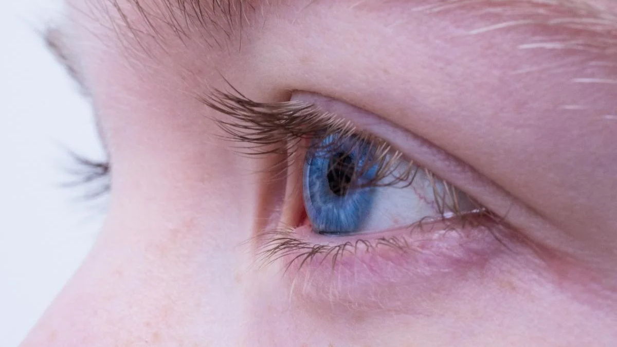 Close-up of a blue eye with long eyelashes and pale skin around it.