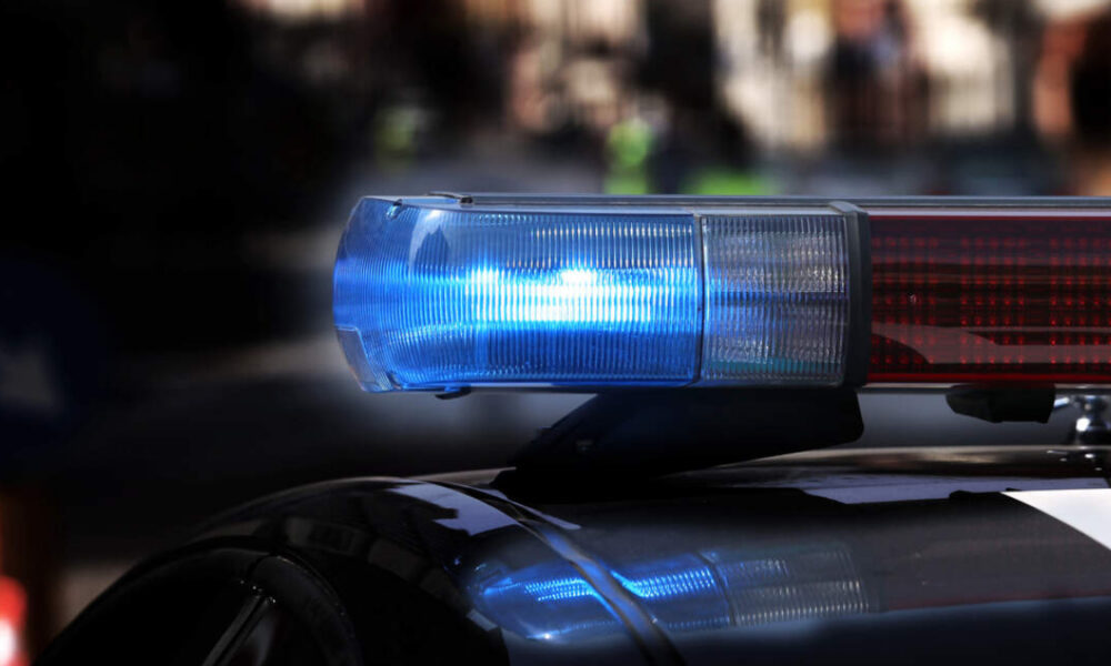 Blue and red police car emergency light bar on the roof, flashing against a dark background.