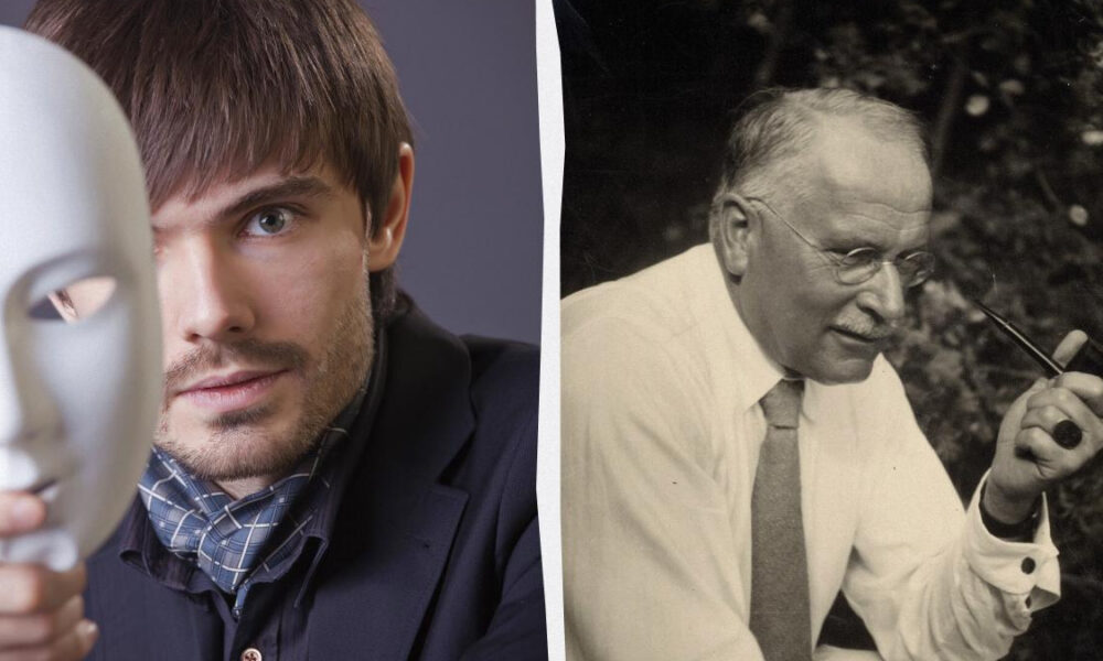 Split image: left panel shows a man in a suit holding a white theatrical mask; right panel shows an older man in a shirt and tie smoking a pipe (black-and-white).