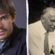 Split image: left panel shows a man in a suit holding a white theatrical mask; right panel shows an older man in a shirt and tie smoking a pipe (black-and-white).