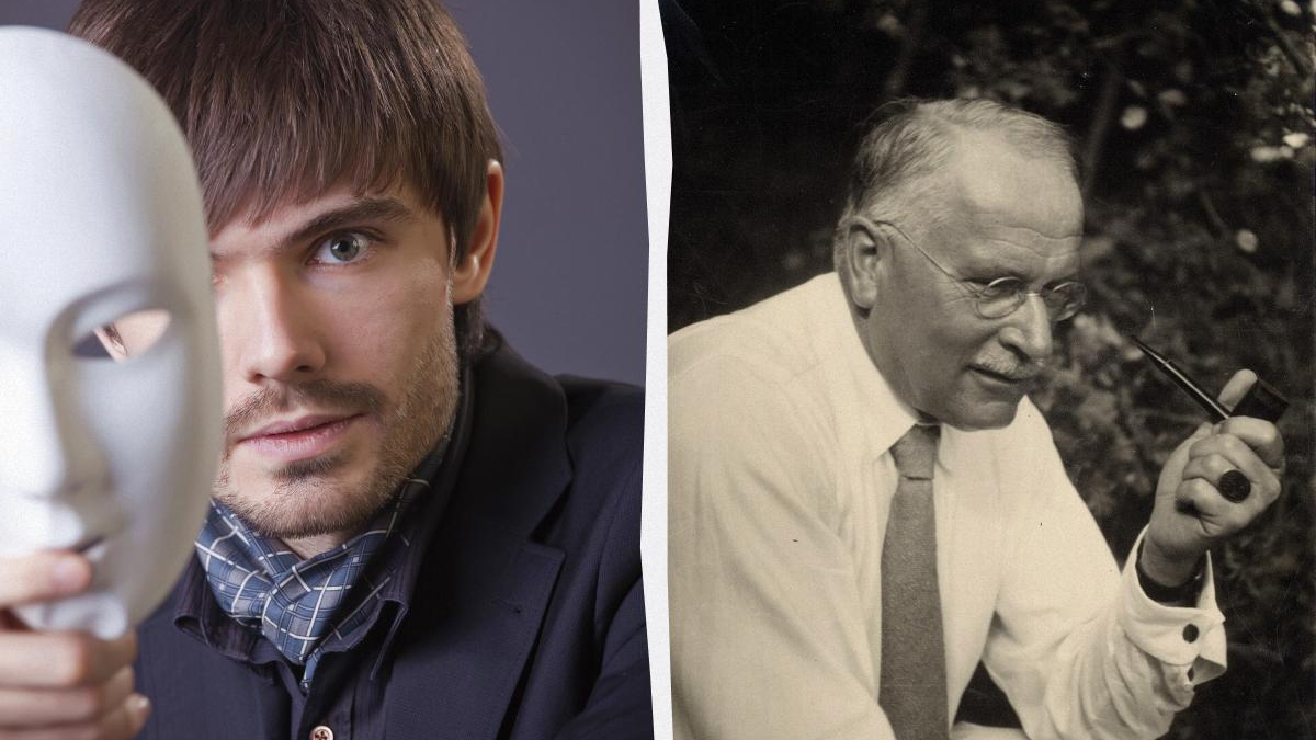 Split image: left panel shows a man in a suit holding a white theatrical mask; right panel shows an older man in a shirt and tie smoking a pipe (black-and-white).