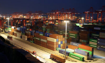 Night view of a shipping port with red gantry cranes and stacked colorful cargo containers under bright yard lights at dusk.