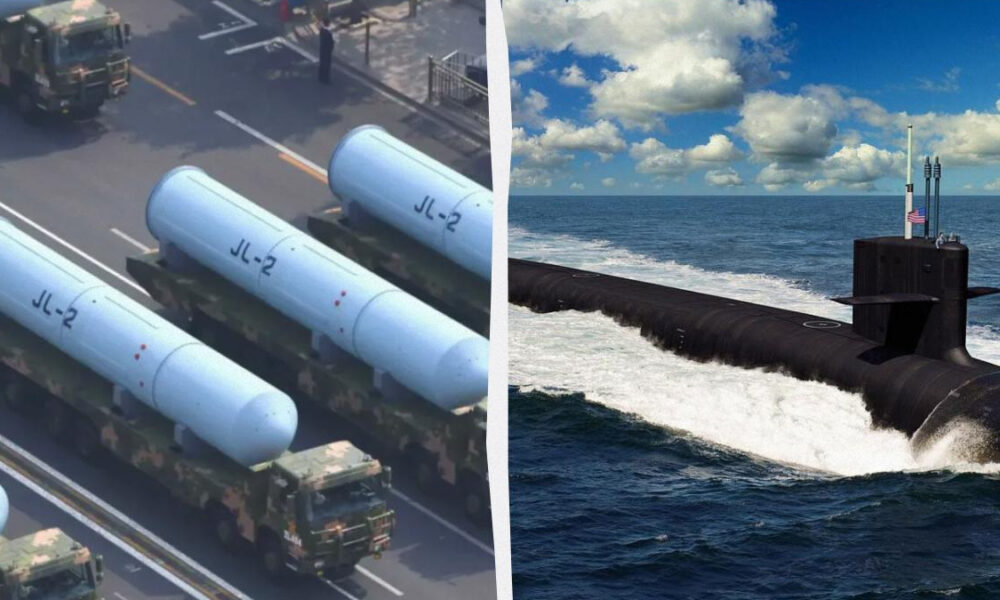 Military hardware: JL-2 ballistic missiles loaded on transporter trucks on the left, and a submarine at sea on the right, suggesting strategic nuclear deterrence.