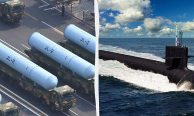 Military hardware: JL-2 ballistic missiles loaded on transporter trucks on the left, and a submarine at sea on the right, suggesting strategic nuclear deterrence.