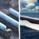 Military hardware: JL-2 ballistic missiles loaded on transporter trucks on the left, and a submarine at sea on the right, suggesting strategic nuclear deterrence.