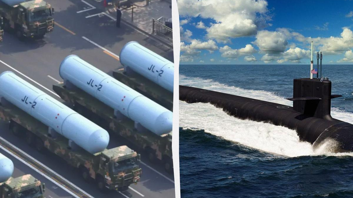 Military hardware: JL-2 ballistic missiles loaded on transporter trucks on the left, and a submarine at sea on the right, suggesting strategic nuclear deterrence.