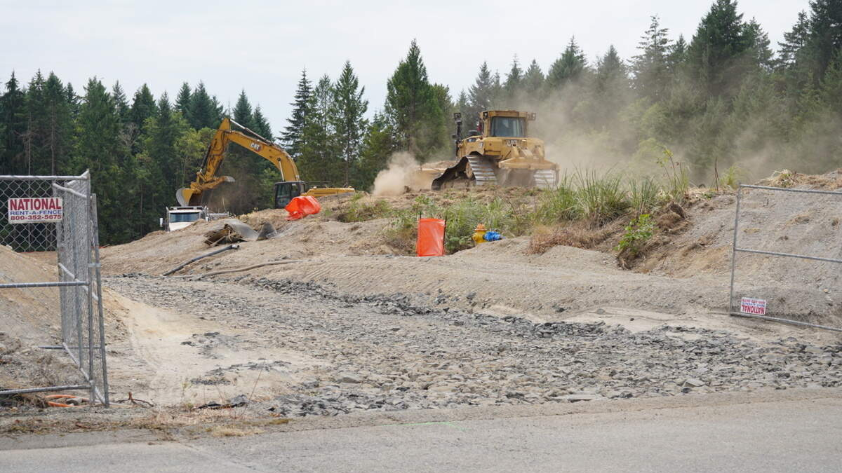 Construction site with an excavator and a bulldozer on a dusty dirt mound, chain-link fences in the foreground.
