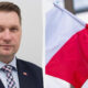 Portrait of a man in a suit beside Polish and Ukrainian flags.