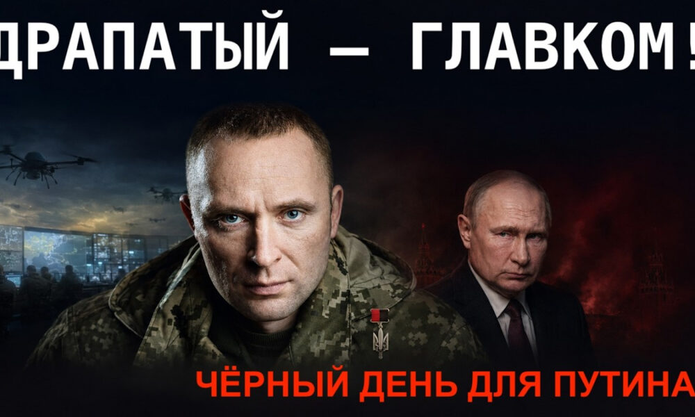 Poster-style image with a stern soldier in camouflage foreground and Vladimir Putin in a suit in the background; white text at top and red text at bottom read 'Black day for Putin' (Чёрный день для Путина)