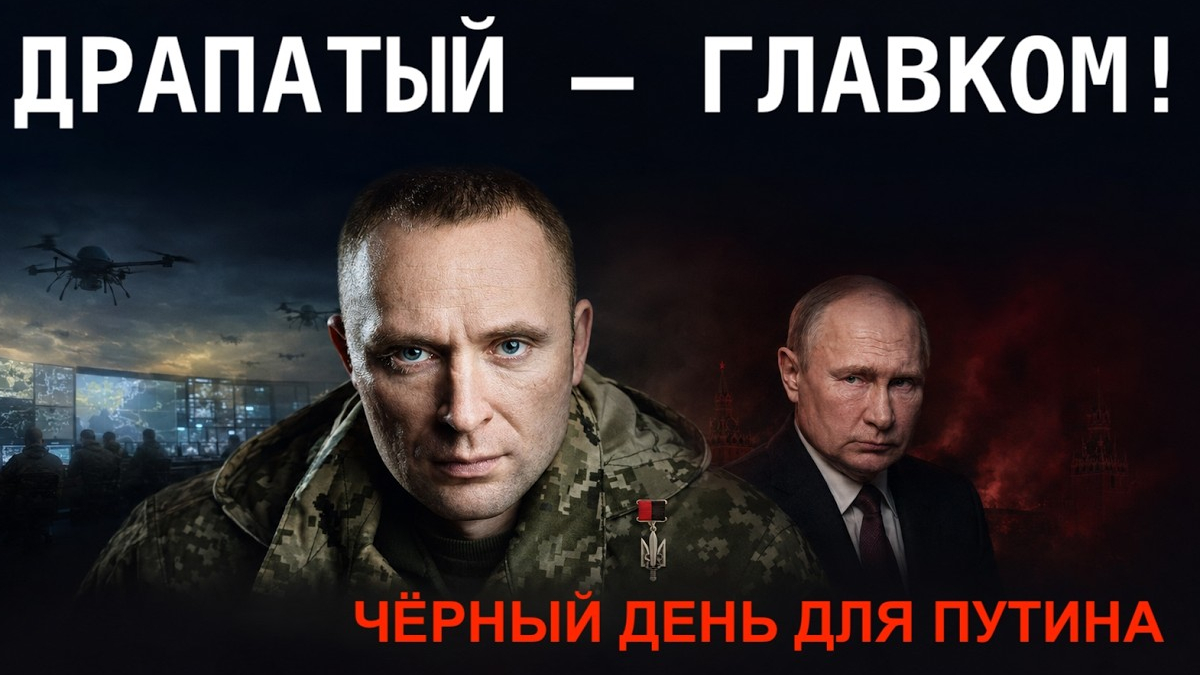 Poster-style image with a stern soldier in camouflage foreground and Vladimir Putin in a suit in the background; white text at top and red text at bottom read 'Black day for Putin' (Чёрный день для Путина)