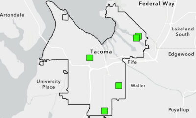 Map of Tacoma area with five bright green squares marking locations.