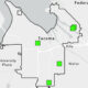 Map of Tacoma area with five bright green squares marking locations.